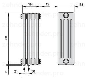 Схема (чертеж) Радиатор Zehnder Charleston 5090/4 №3370 Белый глянцевый RAL 9016